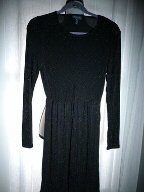 MODCLOTH NWT Lg Slve Scoop Neck Black Metalic Multi Color Shimmer Mini Dress XS